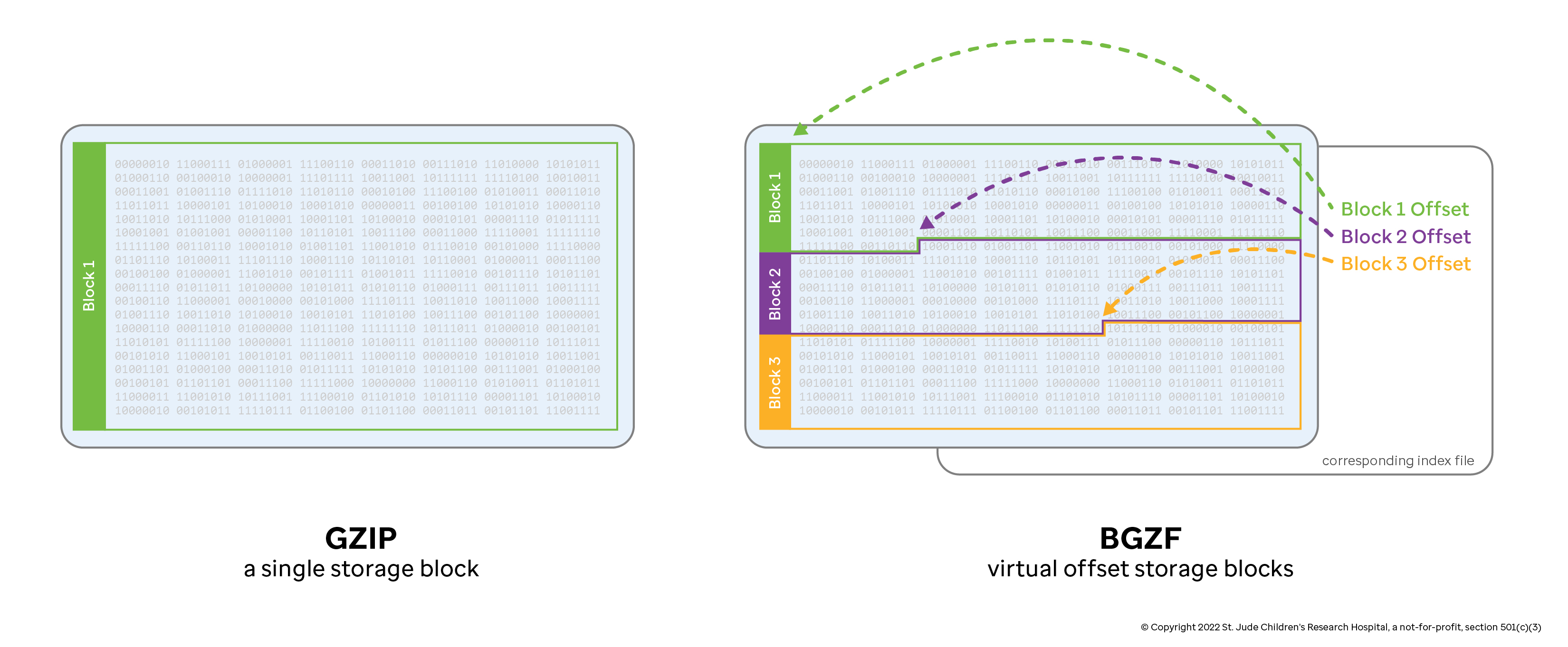 Figure depicting the differences between GZIP and BGZF with multiple GZIP streams (blocks) being included in the BGZF file